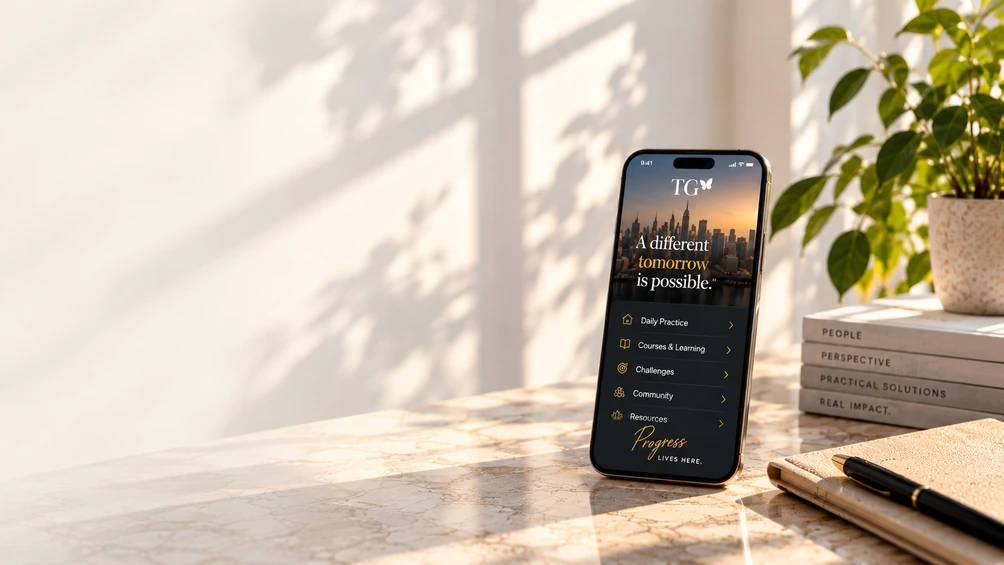 The TG App open on a phone resting on a table